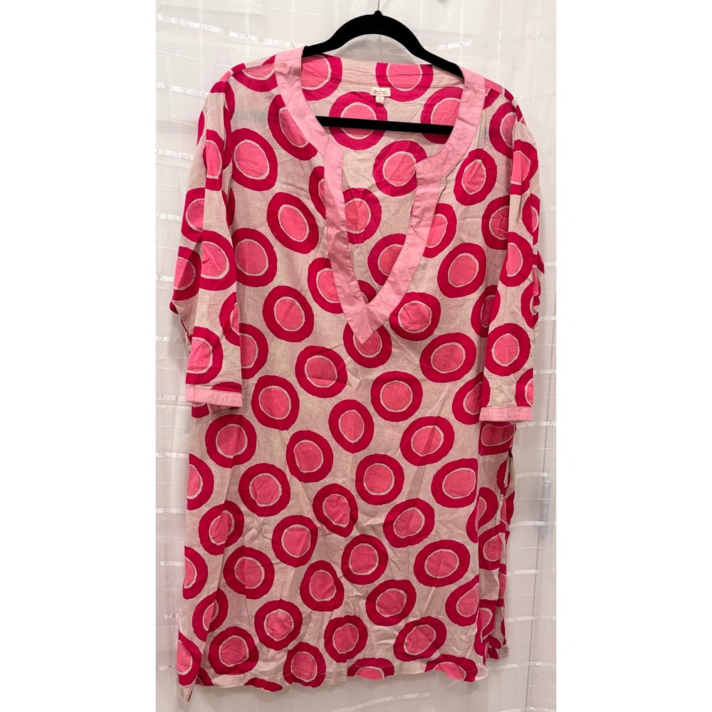 Echo Pink Red Geometric Circle Print Cotton Tunic Beach Cover Up Large